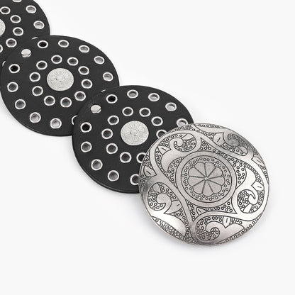 Women's Y2K Vintage Style Wide Waist Belt Black Faux Leather Disc Linked Grommet Studded with Engraved Western Buckle for Jeans and Festivals - Factory Direct Shop