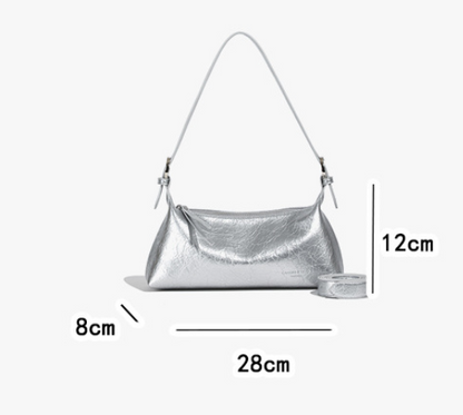 Black Women's Metallic Silver Underarm Baguette Bag French Style PU Leather Shoulder Purse with Adjustable Crossbody Strap for Evening and Daily Use