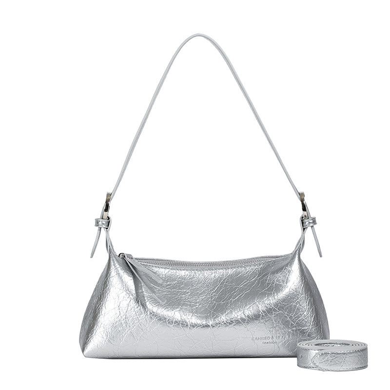 Silver Women's Metallic Silver Underarm Baguette Bag French Style PU Leather Shoulder Purse with Adjustable Crossbody Strap for Evening and Daily Use