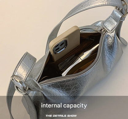 Silver Women's Metallic Silver Underarm Baguette Bag French Style PU Leather Shoulder Purse with Adjustable Crossbody Strap for Evening and Daily Use