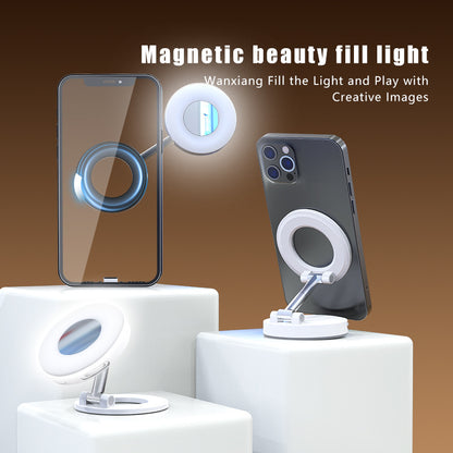 Black 2-in-1 Folding Portable Selfie Light and Magnetic Phone Stand - Vlogging Ring Light with Adjustable Kickstand, Three-Color Soft Light &  USB Rechargeable