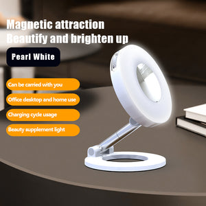 White 2-in-1 Folding Portable Selfie Light and Magnetic Phone Stand - Vlogging Ring Light with Adjustable Kickstand, Three-Color Soft Light &  USB Rechargeable