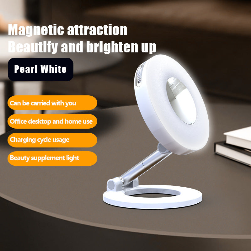 White 2-in-1 Folding Portable Selfie Light and Magnetic Phone Stand - Vlogging Ring Light with Adjustable Kickstand, Three-Color Soft Light &  USB Rechargeable