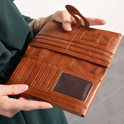 Brown Premium Leather Long Wallet Clutch Organizer 19x10x3cm - 15 Card Slots
