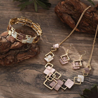 Geometric Inlay Earrings Necklace Bracelet Jewelry Set × 2 – Peacock Green & Brown