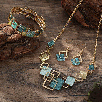 Geometric Inlay Earrings Necklace Bracelet Jewelry Set × 2 – Peacock Green & Pink