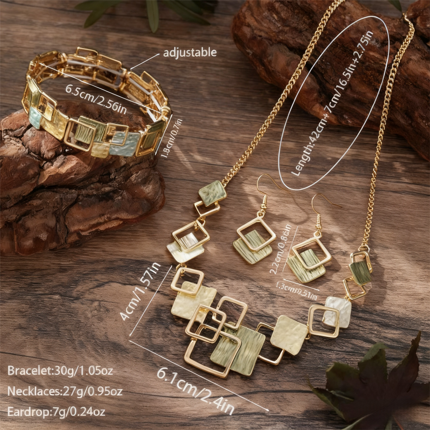 Geometric Inlay Earrings Necklace Bracelet Jewelry Set × 2 – Peacock Green & Pink