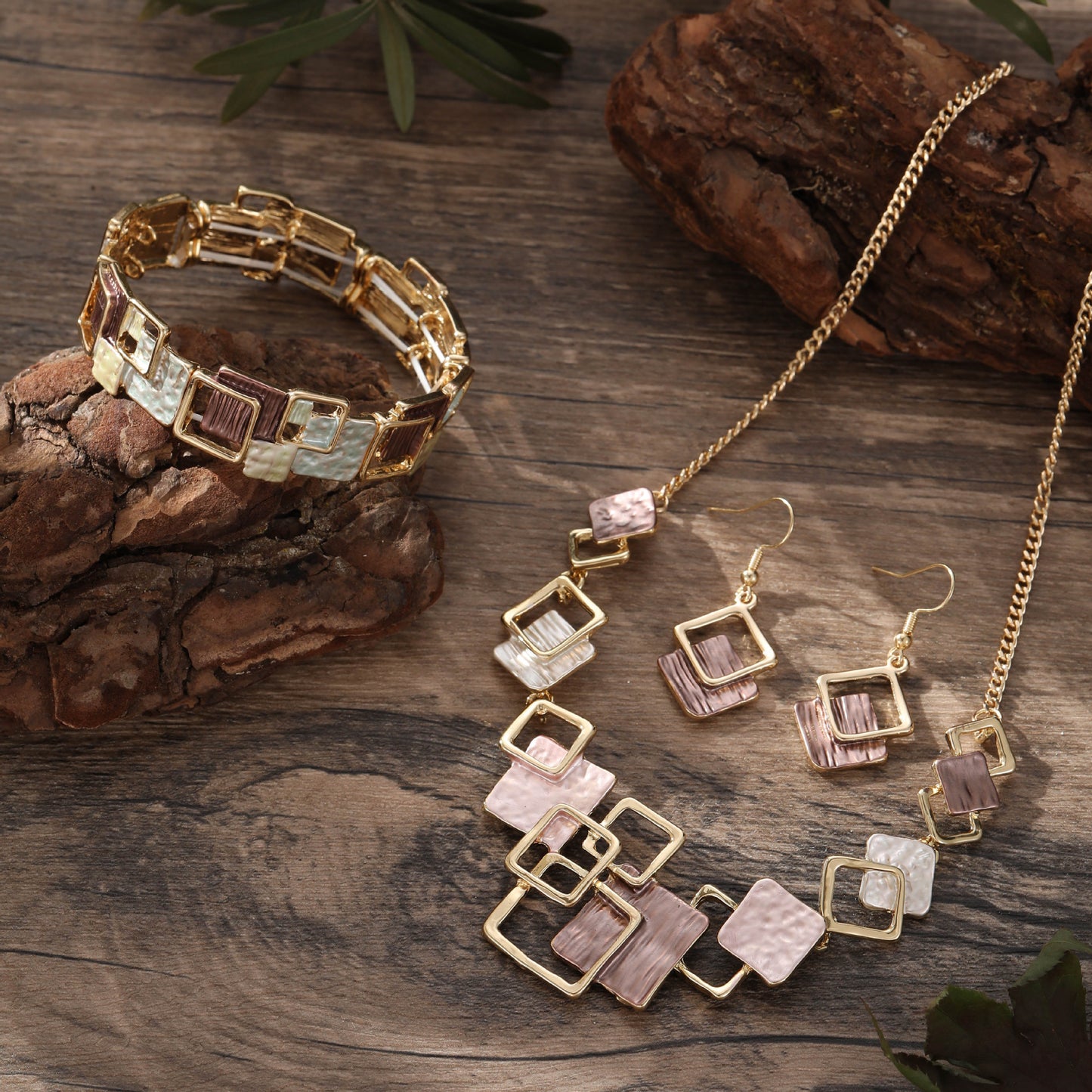 Geometric Inlay Earrings Necklace Bracelet Jewelry Set × 2 – Light Green & Brown