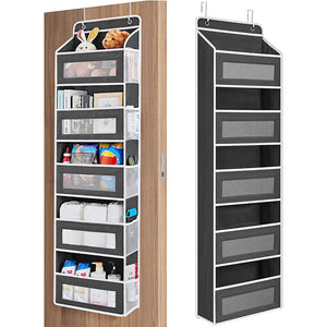 Black hanging organizer with multiple shelves against a wooden door and white background