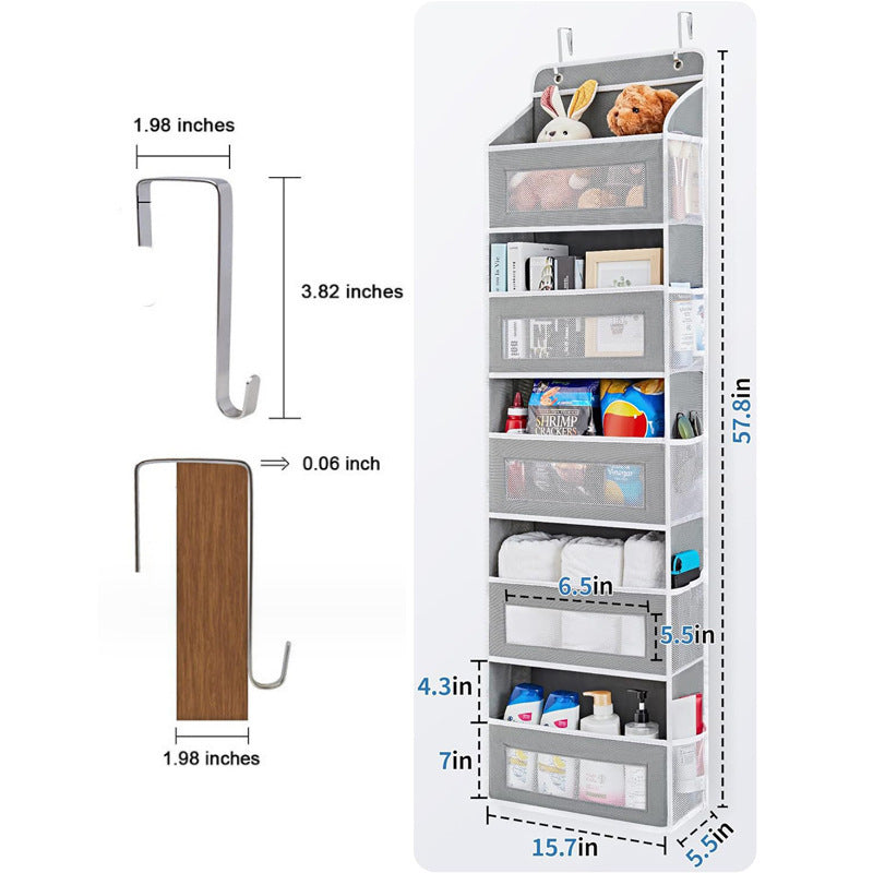 Gray over-the-door shoe organizer with measurements on a white background