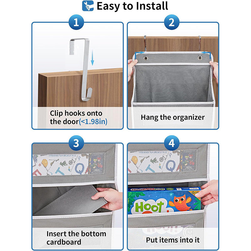 Step-by-step guide on how to install a hanging organizer with clip hooks, door attachment, and storage compartments.