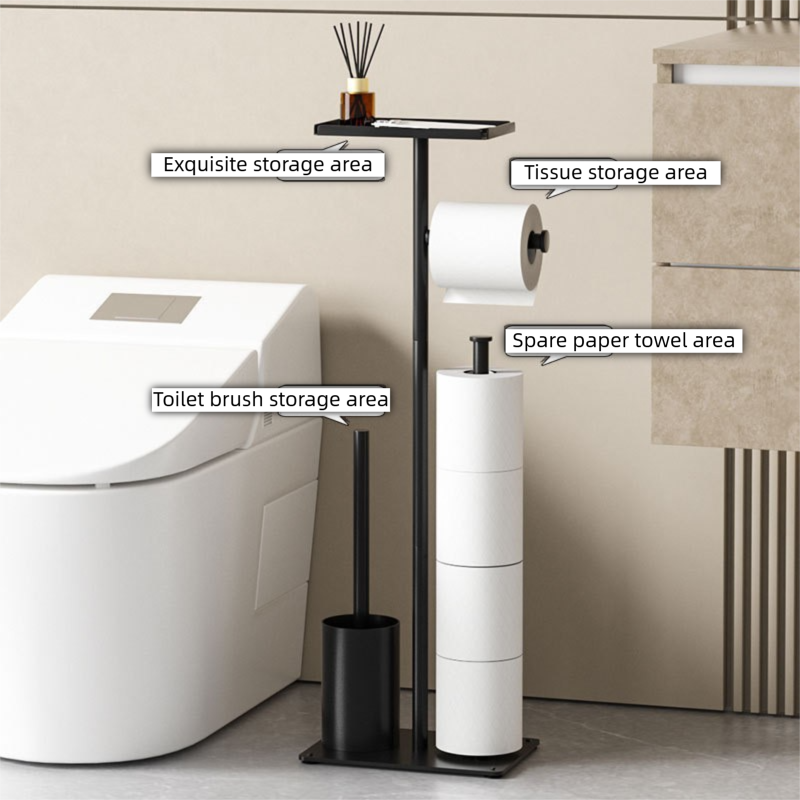 3 - in - 1 Freestanding Toilet Paper Holder - Thick Carbon Steel with Matte Black Finish, Storage Top, Paper Roll Holder, and Integrated Brush Holder - Factory Direct Shop