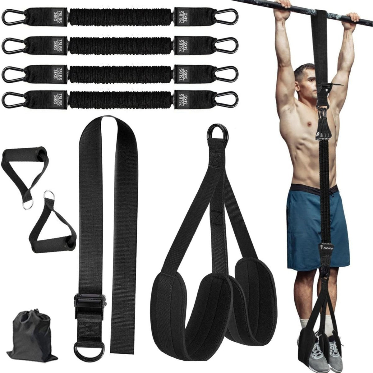 Black (300lb)Heavy Duty Pull - Up Assist Strap System With Foam Handles - Adjustable Resistance Trainer for Pull - Ups and Home Gym Workouts - Factory Direct Shop