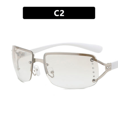 Y2K Rimless Butterfly UV400 Sunglasses for Women(White/Silver Mirror) - Bling Rhinestone Square Frameless, Sweet & Cool Fashion