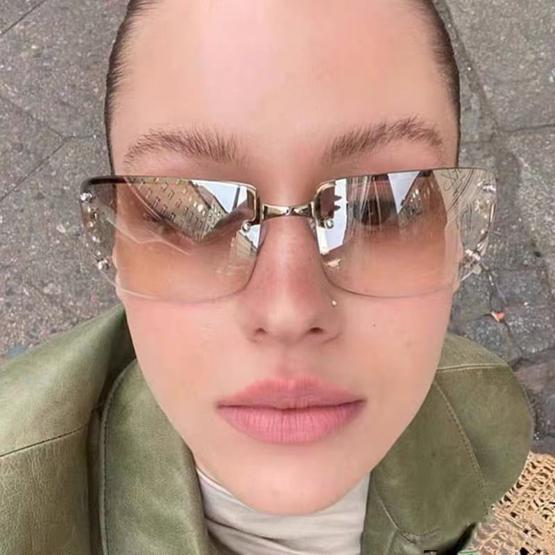 Y2K Rimless Butterfly UV400 Sunglasses for Women(White/Silver Mirror) - Bling Rhinestone Square Frameless, Sweet & Cool Fashion