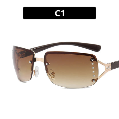 Y2K Rimless Butterfly UV400 Sunglasses for Women(Gold/Brown Gradient) - Bling Rhinestone Square Frameless, Sweet & Cool Fashion
