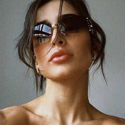 Y2K Rimless Butterfly UV400 Sunglasses for Women(Solid Grey) - Bling Rhinestone Square Frameless, Sweet & Cool Fashion