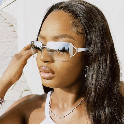 Y2K Rimless Butterfly UV400 Sunglasses for Women(Grey Gradient) - Bling Rhinestone Square Frameless, Sweet & Cool Fashion