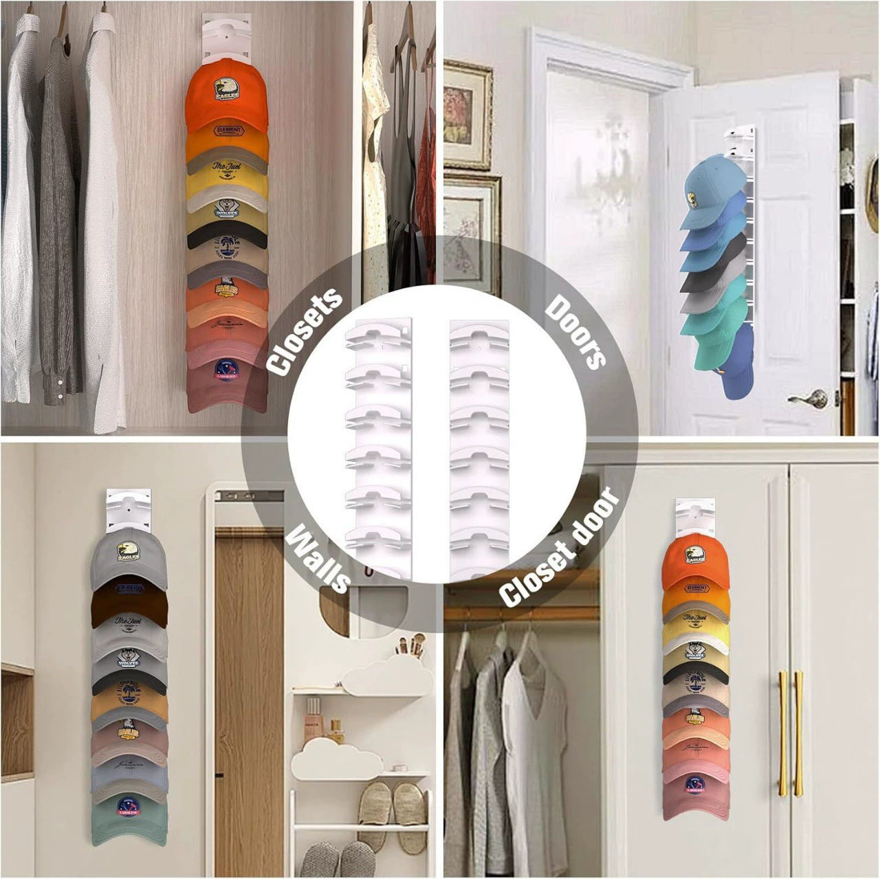 2-Pack 10-Tier White Wall-Mounted Hat Rack with Installation Accessories - Space-Saving Plastic Baseball Cap and Other Hat Organizers