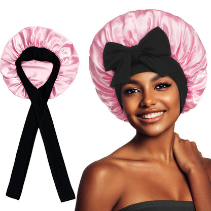 2-Pack Pink Satin Bonnet with Wide Band and Bow Tie - Hair Care Sleep Cap and Turban for Women