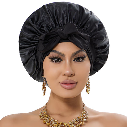2-Pack Khaki Satin Bonnet with Wide Band and Bow Tie - Hair Care Sleep Cap and Turban for Women