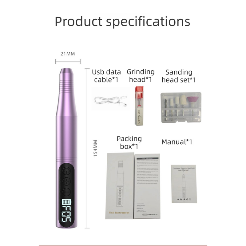 Purple Portable Wireless Professional Electric Nail Drill Machine Includeing 6 Nail Drill Bits- High-Speed 20000 RPM, Adjustable 4-Speeds with LCD Display