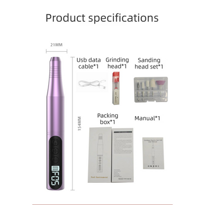 Purple Portable Wireless Professional Electric Nail Drill Machine Includeing 6 Nail Drill Bits- High-Speed 20000 RPM, Adjustable 4-Speeds with LCD Display
