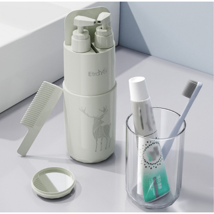 Grey Deluxe 8-in-1 Travel Toiletry Set - Portable All-in-One Toothbrush Holder, Wash Cup, Towel and 2 * Refill Bottles for Travel & Camping