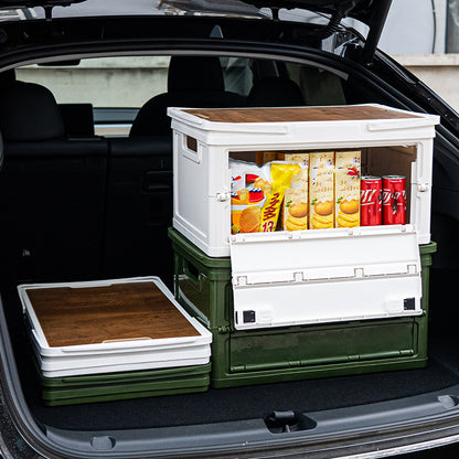 White Collapsible Medium Standard Storage Box with Wooden Table Top(42x28x23CM) - Car Trunk Organiser for Australian Camping & Home Use
