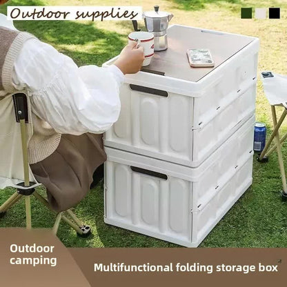 Green Collapsible Medium Side-Open Storage Box with Wooden Table Top(42x28x23CM) - Car Trunk Organiser for Australian Camping & Home Use