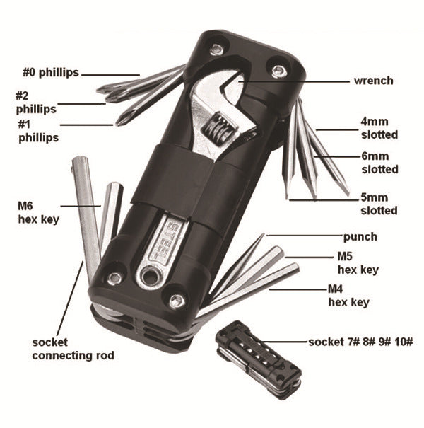 Green Compact 16-in-1 Bicycle & Motorcycle Repair Multi-Tool with Adjustable Wrench & Socket Set
