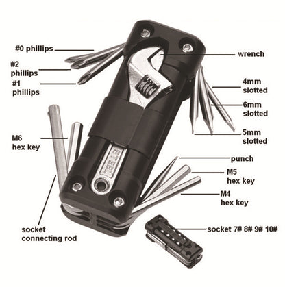 Green Compact 16-in-1 Bicycle & Motorcycle Repair Multi-Tool with Adjustable Wrench & Socket Set