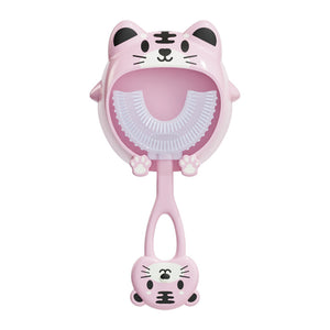 Pink tiger U - Shaped Kids Toothbrush - Food Grade Silicone Manual Toothbrush for 2 - 12 Year Olds - 360 degree Full Mouth Cleaning Baby Oral Care - Comes with Wall Mount Holder - Factory Direct Shop