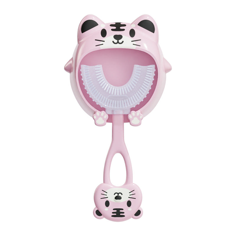 Pink tiger U - Shaped Kids Toothbrush - Food Grade Silicone Manual Toothbrush for 2 - 12 Year Olds - 360 degree Full Mouth Cleaning Baby Oral Care - Comes with Wall Mount Holder - Factory Direct Shop