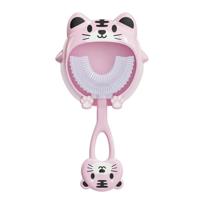 Pink tiger U - Shaped Kids Toothbrush - Food Grade Silicone Manual Toothbrush for 2 - 12 Year Olds - 360 degree Full Mouth Cleaning Baby Oral Care - Comes with Wall Mount Holder - Factory Direct Shop