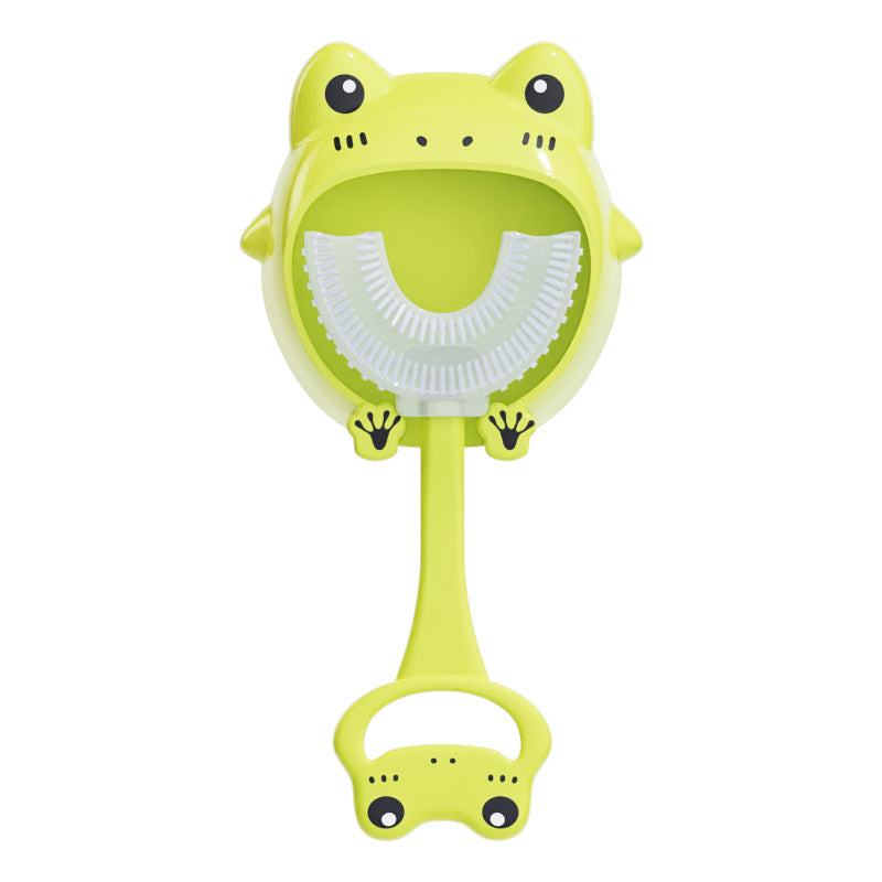Green frog U - Shaped Kids Toothbrush - Food Grade Silicone Manual Toothbrush for 2 - 12 Year Olds - 360 degree Full Mouth Cleaning Baby Oral Care - Comes with Wall Mount Holder - Factory Direct Shop