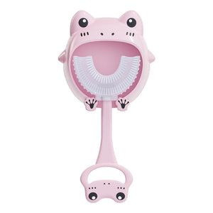 Pink frog U - Shaped Kids Toothbrush - Food Grade Silicone Manual Toothbrush for 2 - 12 Year Olds - 360 degree Full Mouth Cleaning Baby Oral Care - Comes with Wall Mount Holder - Factory Direct Shop
