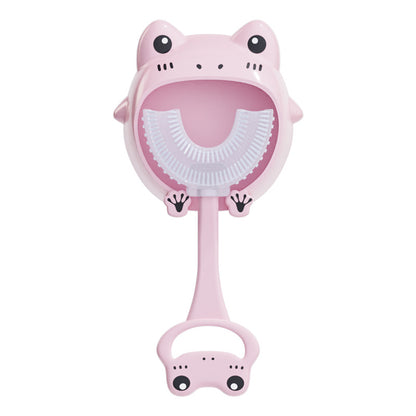 Pink frog U - Shaped Kids Toothbrush - Food Grade Silicone Manual Toothbrush for 2 - 12 Year Olds - 360 degree Full Mouth Cleaning Baby Oral Care - Comes with Wall Mount Holder - Factory Direct Shop