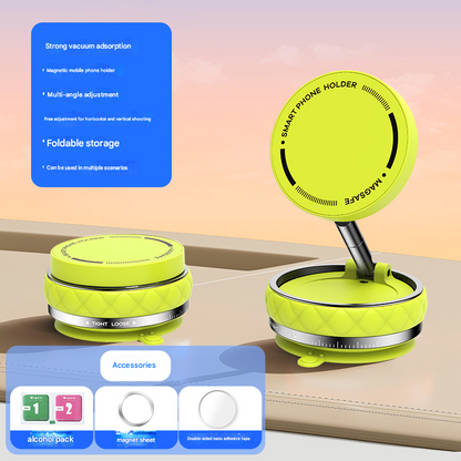 Green Foldable Magnetic Phone Holder with Vacuum Suction - Multi-Angle Adjustable Zinc Alloy Desktop Phone Stand - Portable & Stable for Desk, Car & Multi-Scenario Use