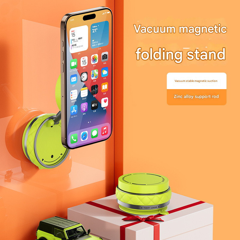 Green Foldable Magnetic Phone Holder with Vacuum Suction - Multi-Angle Adjustable Zinc Alloy Desktop Phone Stand - Portable & Stable for Desk, Car & Multi-Scenario Use