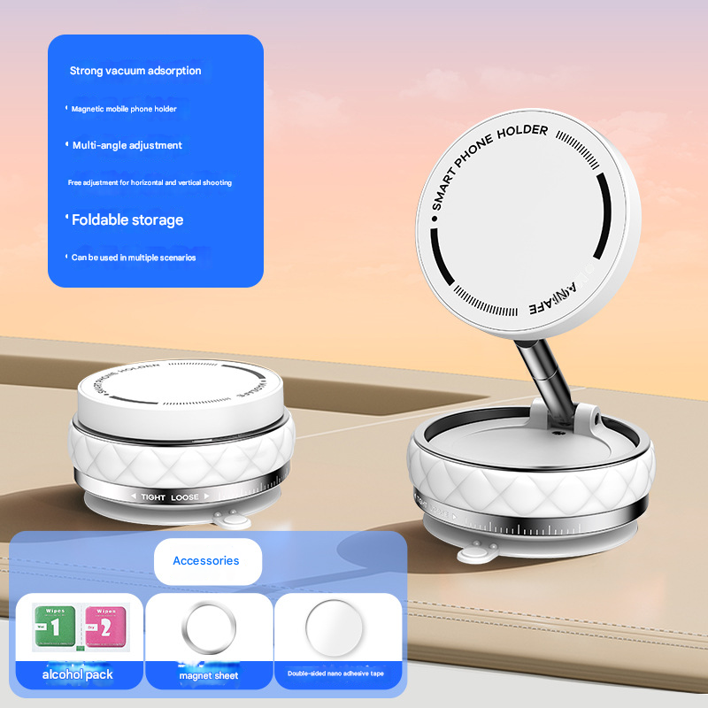 White Foldable Magnetic Phone Holder with Vacuum Suction - Multi-Angle Adjustable Zinc Alloy Desktop Phone Stand - Portable & Stable for Desk, Car & Multi-Scenario Use