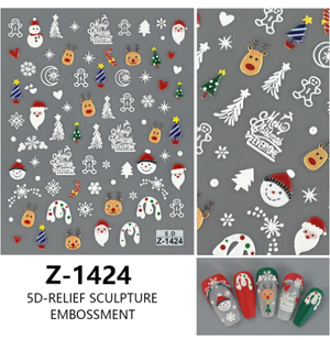 4PCS 5D Embossed Christmas Nail Art Stickers - Santa, Snowman, Reindeer & Snowflake Designs for Festive Manicures(Z-1424)