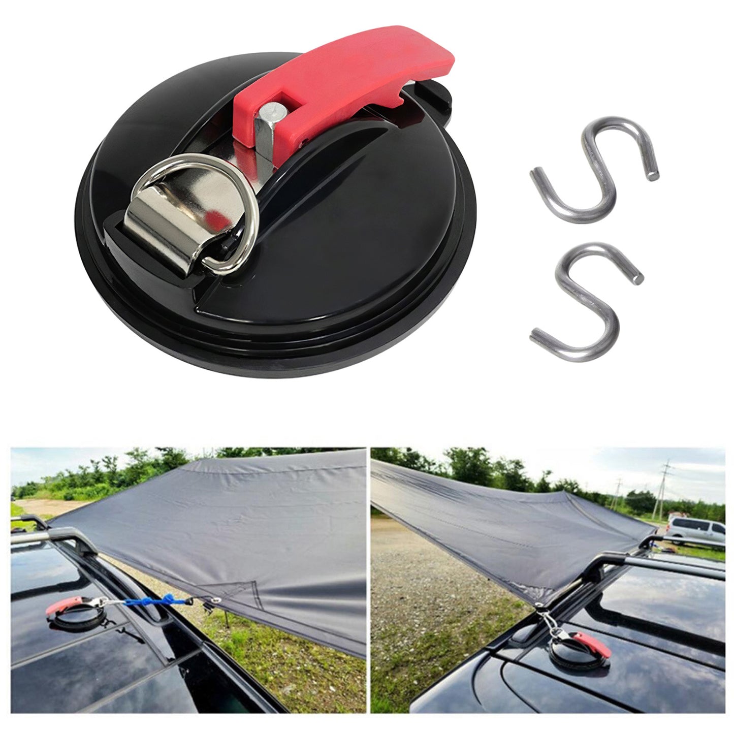 4 Pack Black plate + red button Heavy Duty Suction Cup Anchors with S-Hooks for Car Side Awnings and Camping Tarps Multifunctional Tie Down Points for Outdoor Road Trips 10kg Capacity