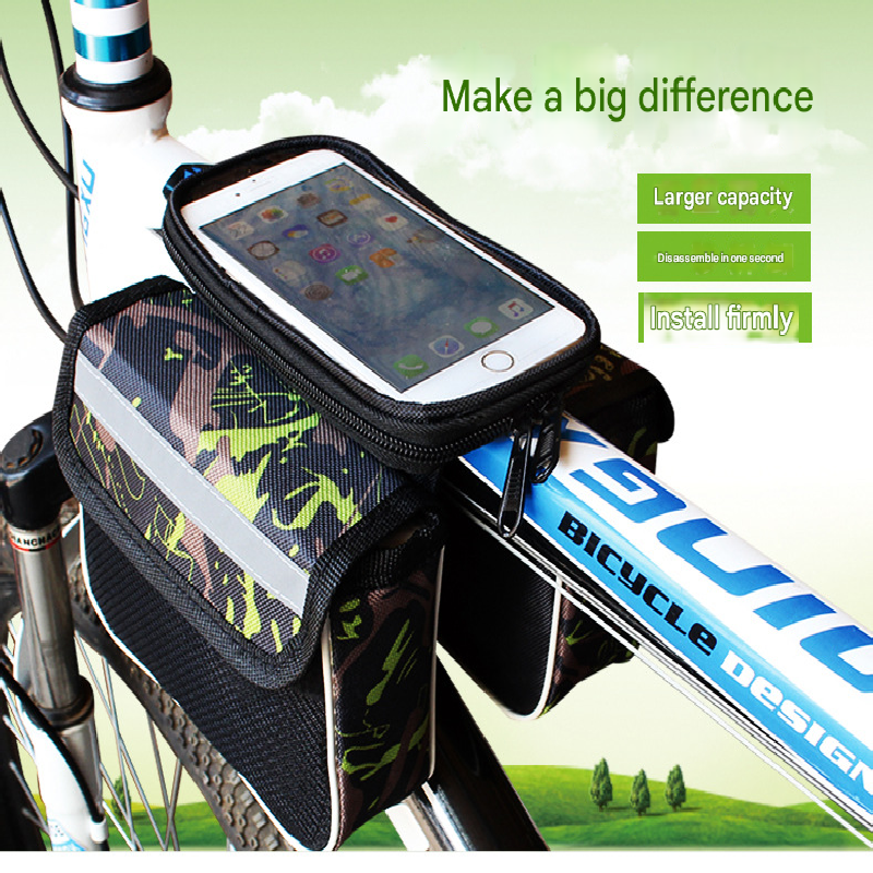Blue Bicycle Top Tube Frame Bag with Detachable Touch Screen Phone Holder Waterproof Double Pouch Cycling Saddle Bag for Mountain Bikes
