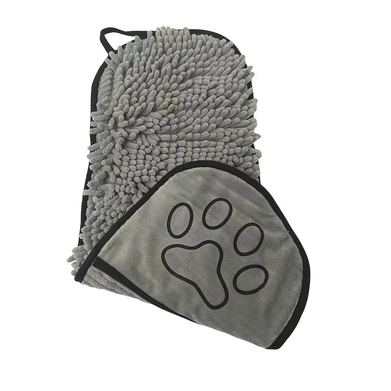 Grey Super Absorbent Pet Bath Towel with Hand Pockets Quick Dry Chenille Microfibre for Dogs and Cats Large Size 62cm - Factory Direct Shop