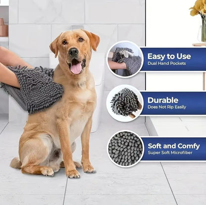 Blue Super Absorbent Pet Bath Towel with Hand Pockets Quick Dry Chenille Microfibre for Dogs and Cats Large Size 62cm - Factory Direct Shop
