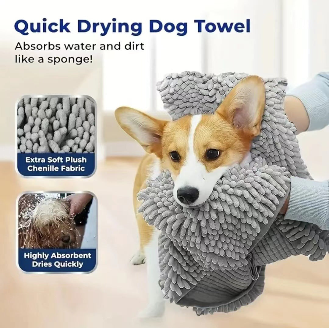 Blue Super Absorbent Pet Bath Towel with Hand Pockets Quick Dry Chenille Microfibre for Dogs and Cats Large Size 62cm - Factory Direct Shop