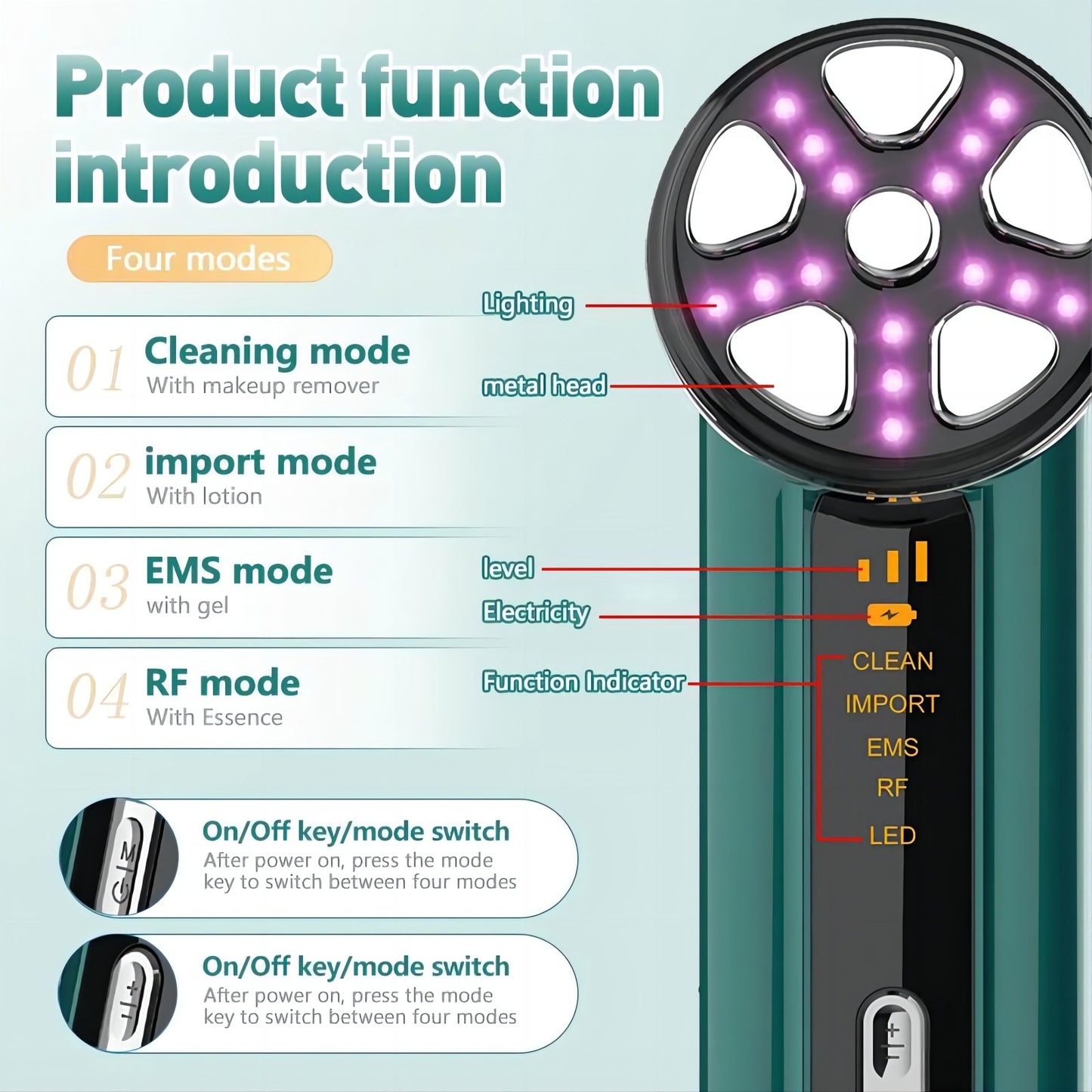 White 4-in-1 RF EMS Facial Beauty Device Skin Tightening and Lifting Massager with LED Light Therapy Anti-Aging Tool for Home Use