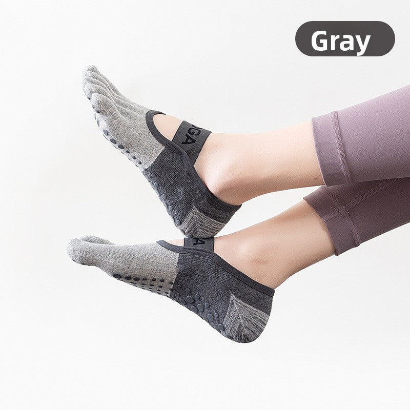 3-PCS Grey Anti-Slip Yoga Socks 5 Toe Low Cut Grips Cotton Pilates Socks Breathable for Women Fitness Dance Barre and Home Workout