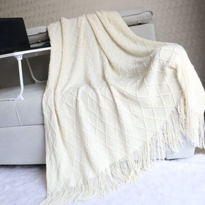 Beige Nordic Knitted Throw Blanket with Tassels 130x230cm Soft Acrylic Diamond Pattern Sofa Cover Bed Runner and Travel Blanket